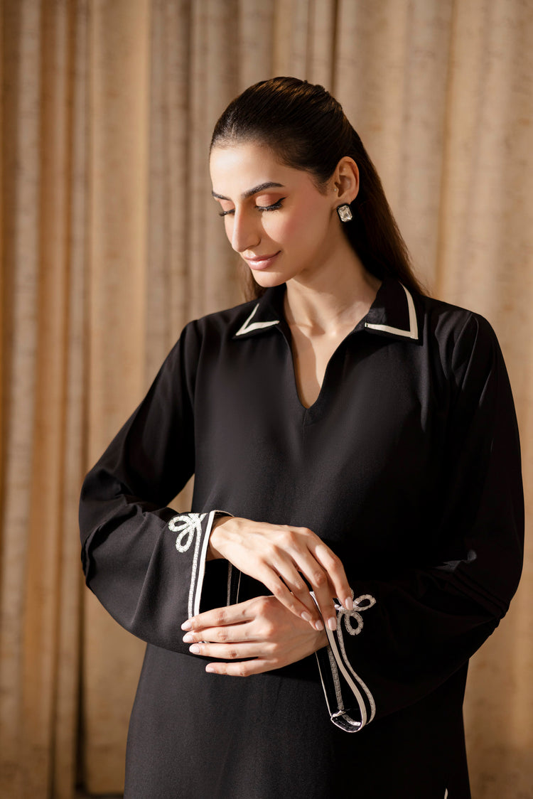 EMBROIDERED SOLID 2 PC DRESS - SP-06 BLACK