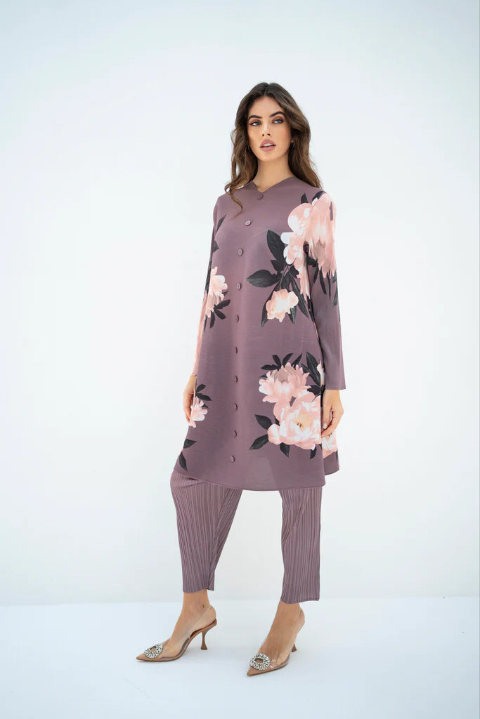 Hassal Pleated Haya Purple Set With Capri Pants