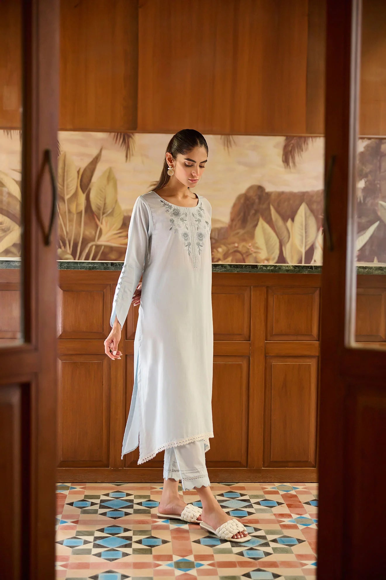 DHANAK SOLIDS | DC-2173 SKY BLUE 2PCS EMBROIDERED KURTA WITH TROUSER