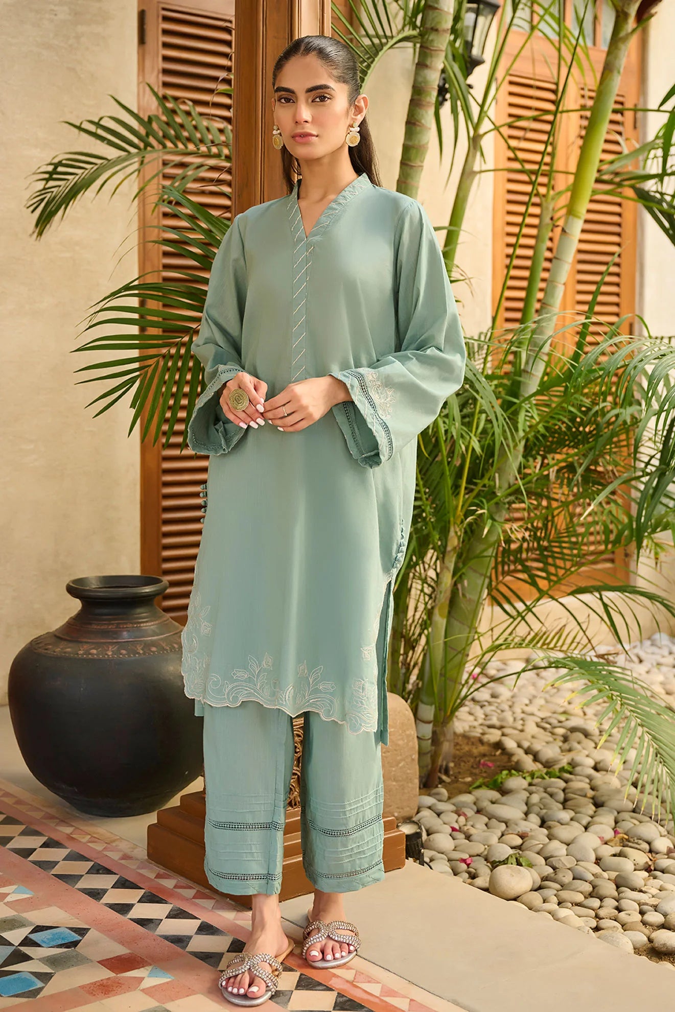 DHANAK SOLIDS | DC-2174 L-GREEN 2PCS EMBROIDERED KURTA WITH TROUSER