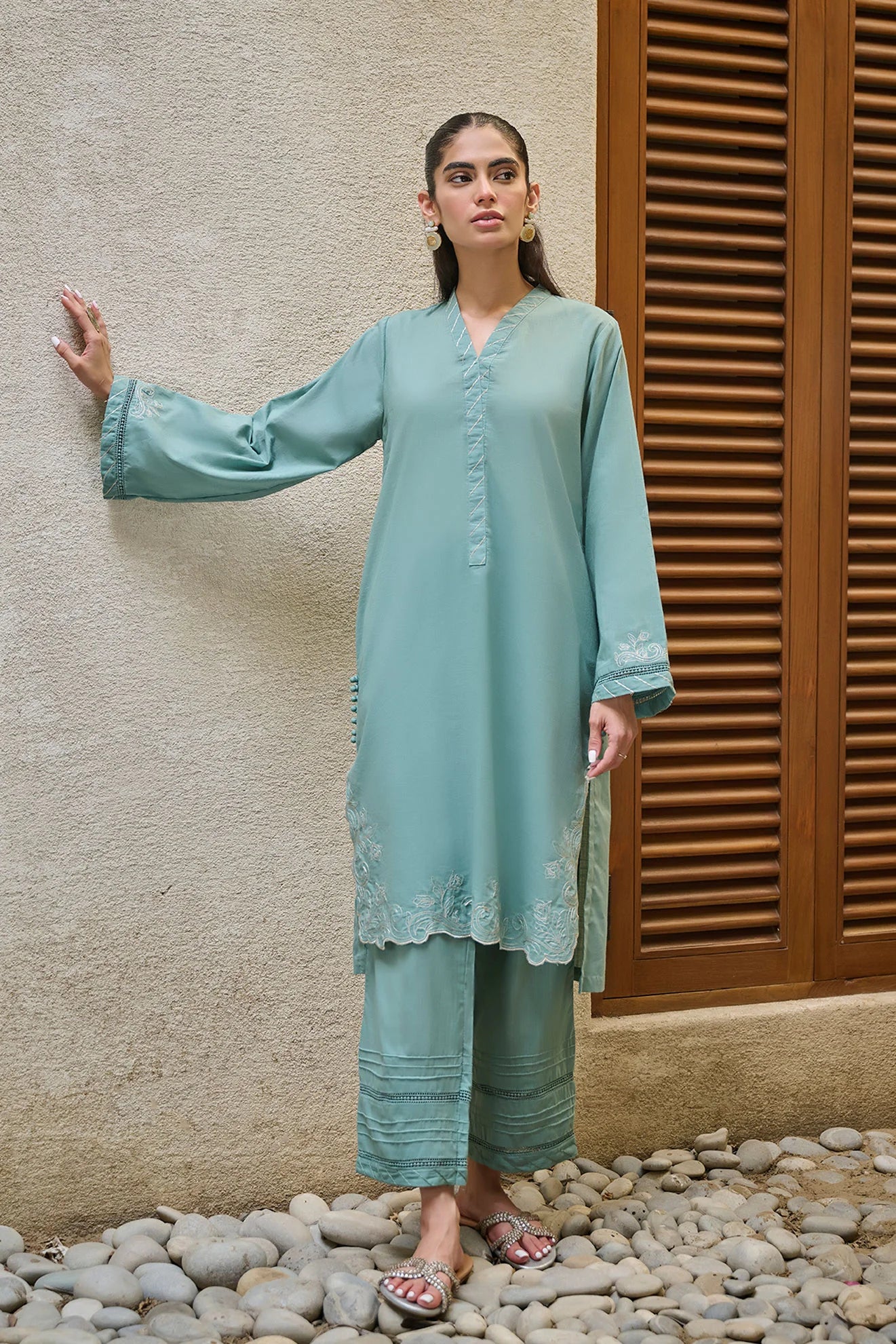 DHANAK SOLIDS | DC-2174 L-GREEN 2PCS EMBROIDERED KURTA WITH TROUSER