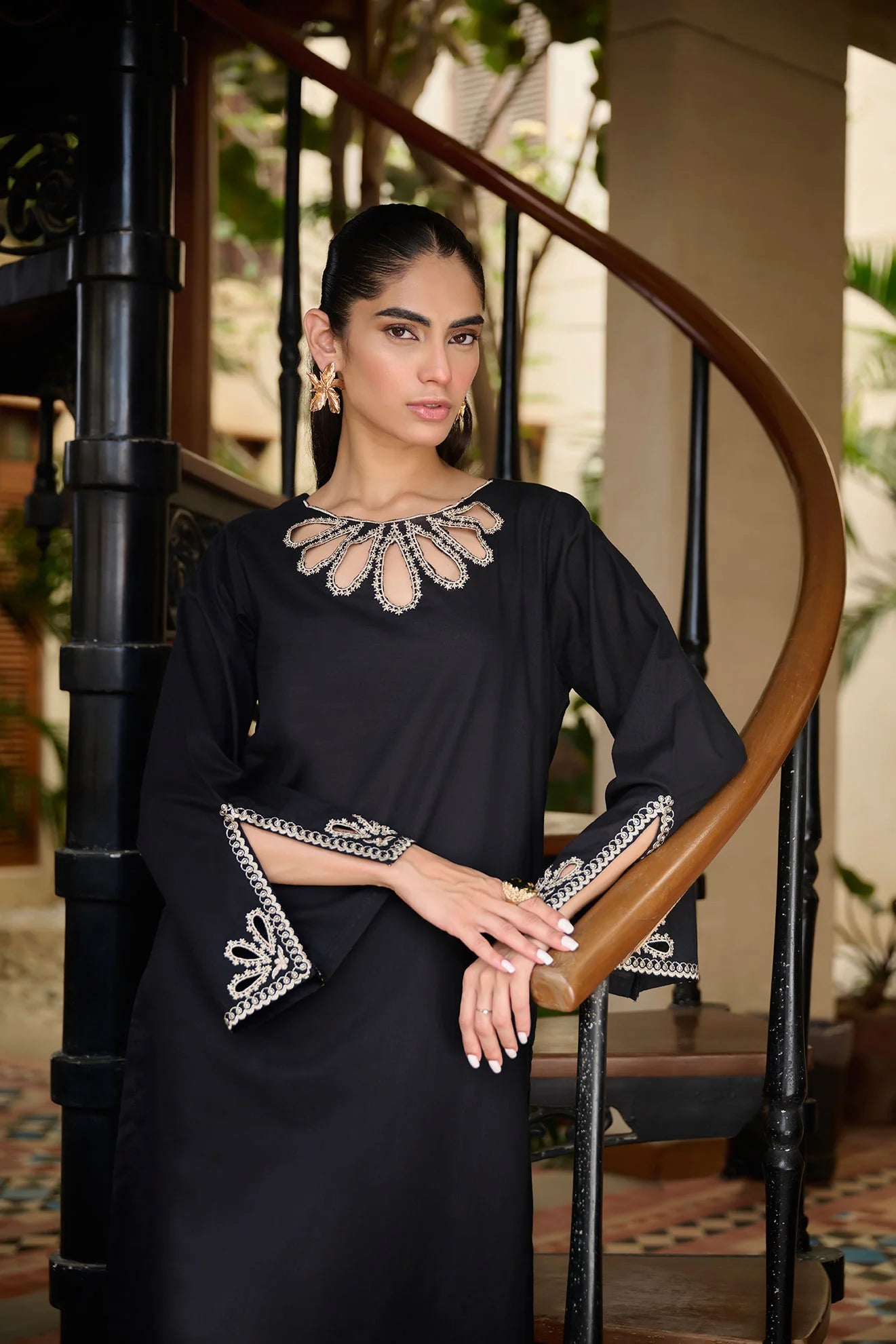 DHANAK SOLIDS | DC-2175 BLACK 2PCS EMBROIDERED KURTA WITH TROUSER