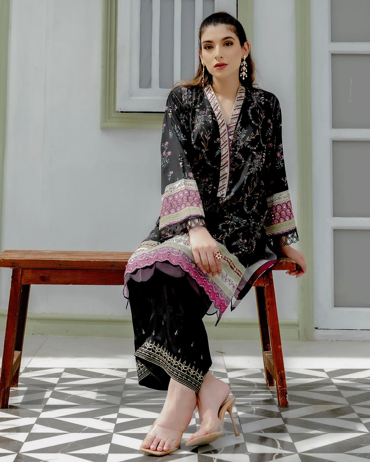 DC-2240 BLACK 2PCS HAND EMBELLISHED SHIRT WITH TROUSER