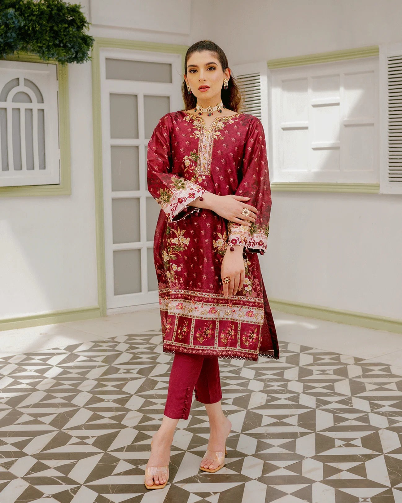 DC-2241 MAROON 2PCS HAND EMBELLISHED SHIRT WITH TROUSER