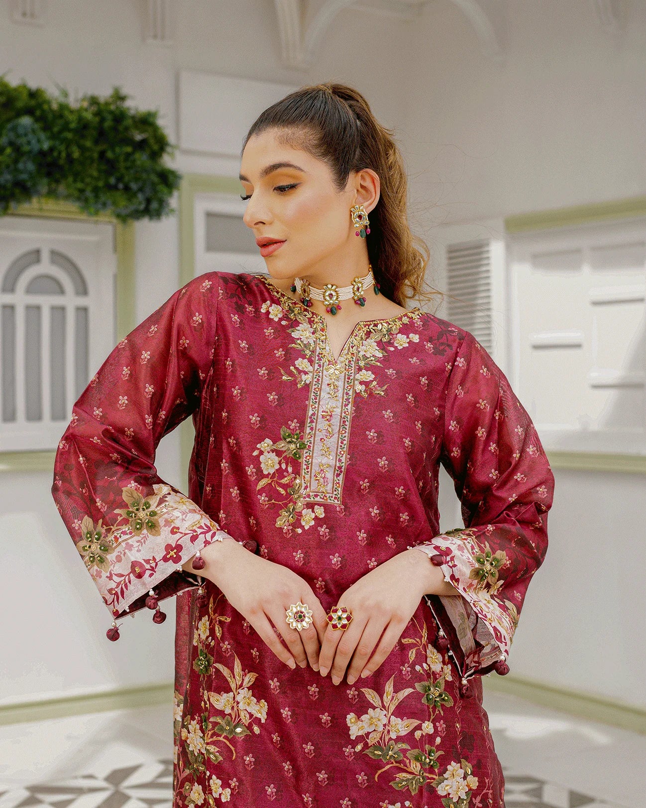 DC-2241 MAROON 2PCS HAND EMBELLISHED SHIRT WITH TROUSER