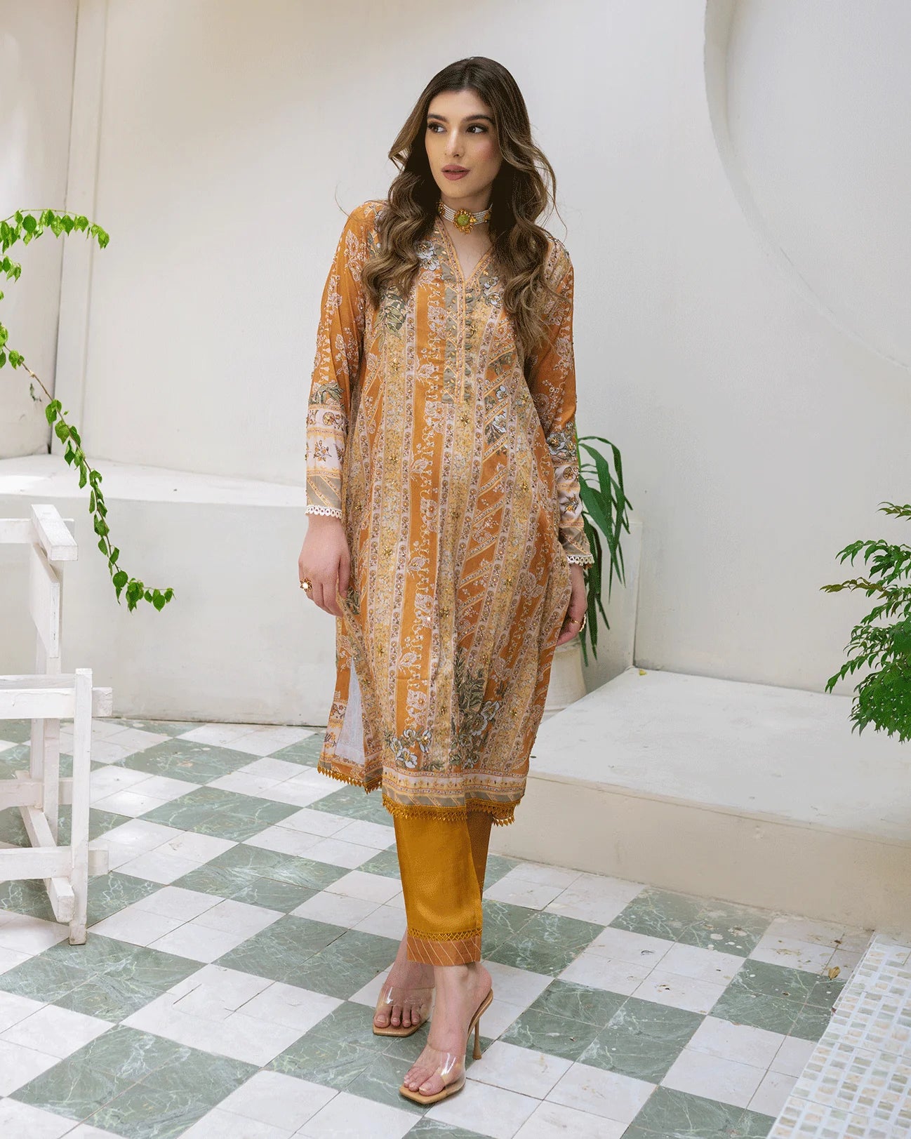 DC-2242 MUSTARD 2PCS HAND EMBELLISHED SHIRT WITH TROUSER