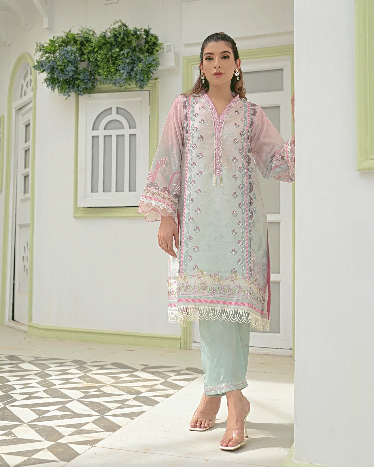 DC-2243 PINK 2PCS HAND EMBELLISHED SHIRT WITH TROUSER