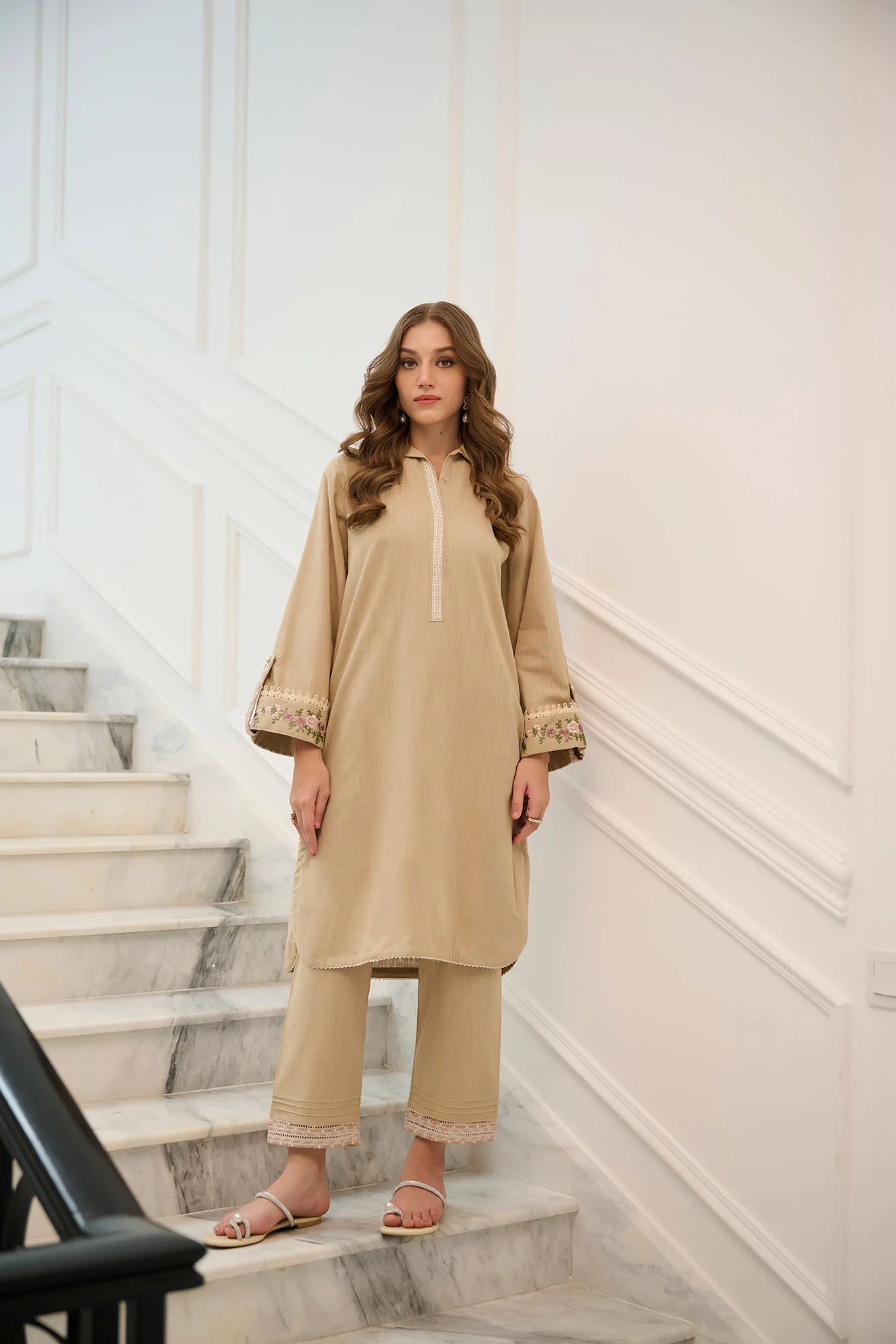 DC-2246 BEIGE 2PCS EMBROIDERED KURTA WITH TROUSER