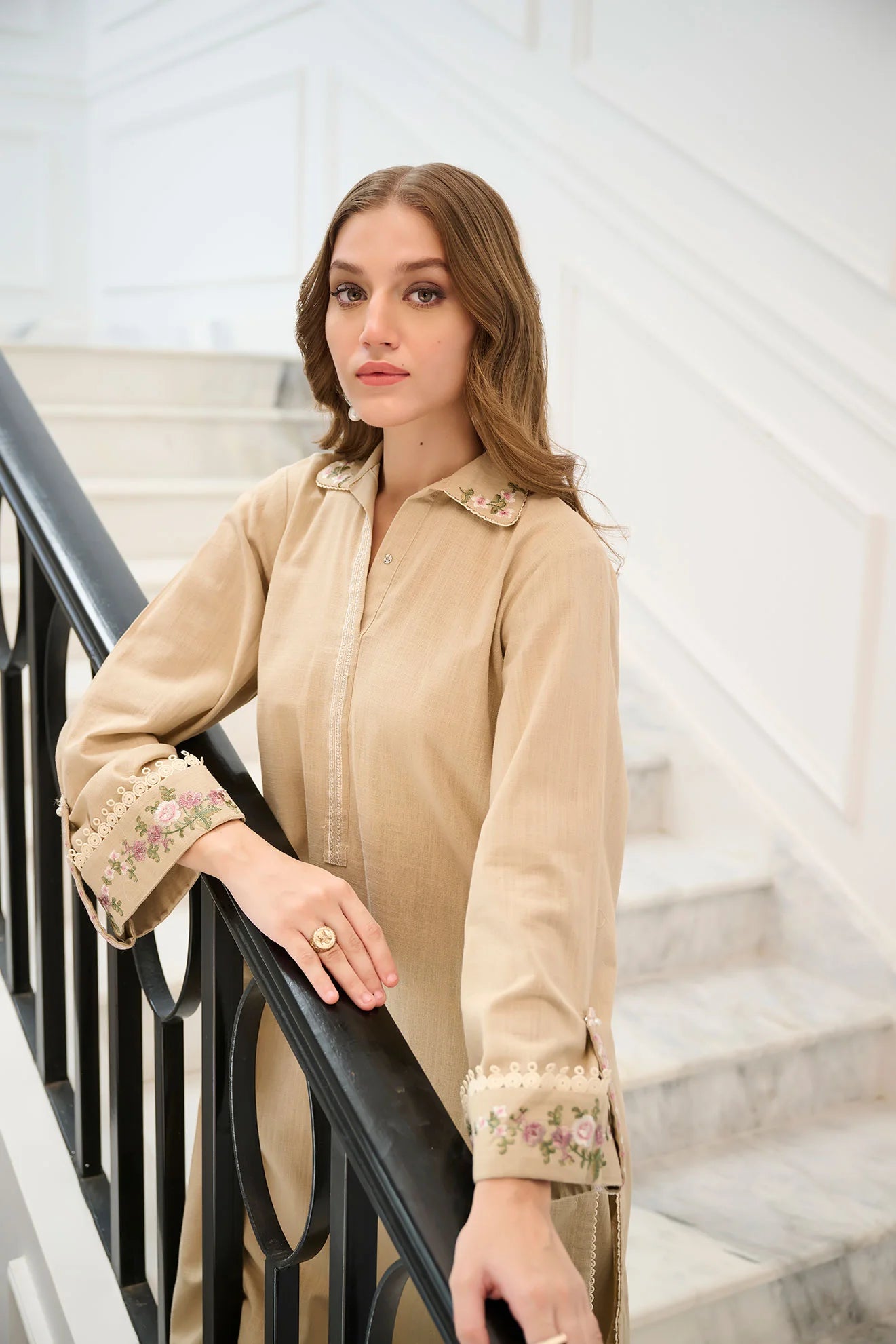 DC-2246 BEIGE 2PCS EMBROIDERED KURTA WITH TROUSER