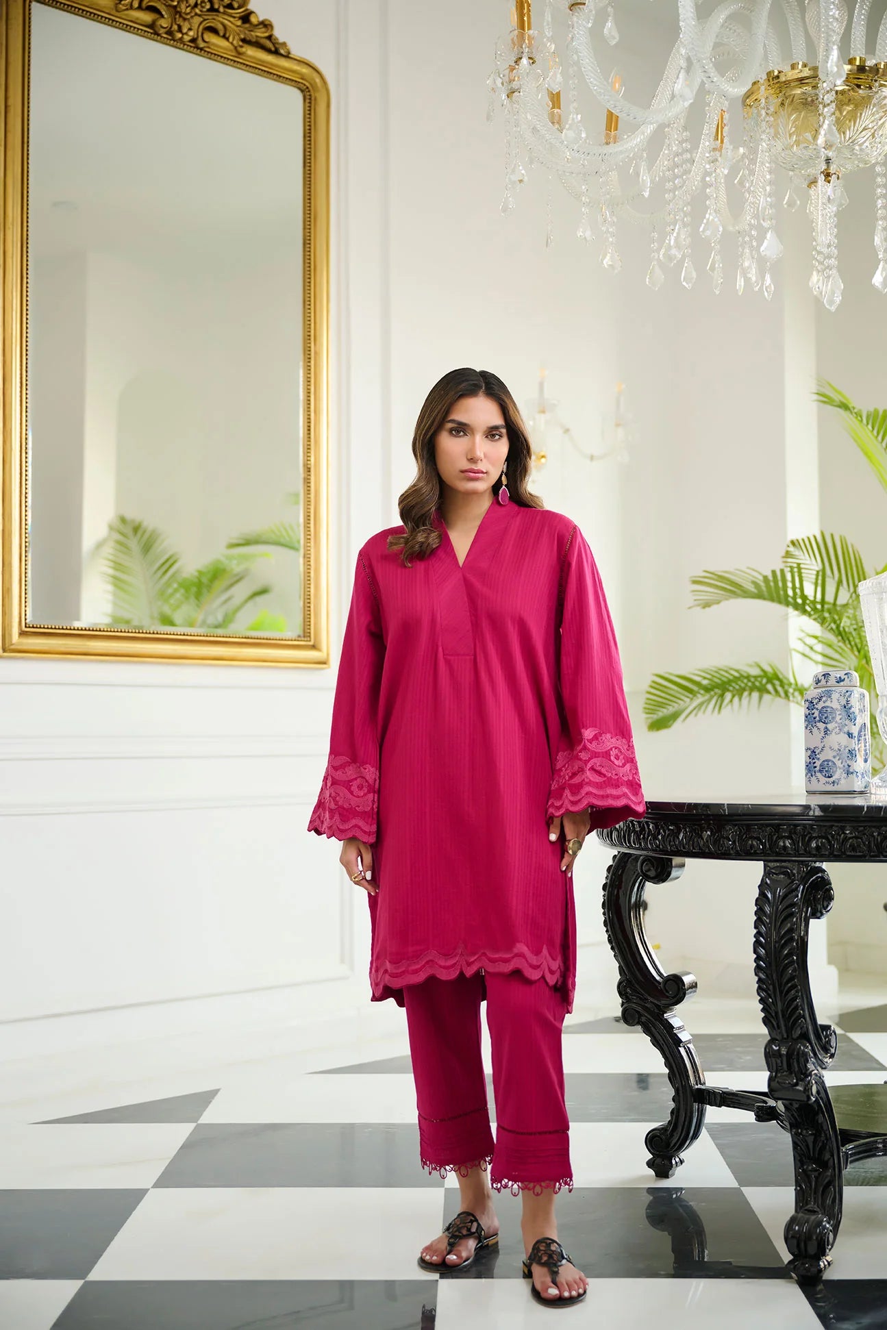 DC-2249 PINK 2PCS EMBROIDERED KURTA WITH TROUSER