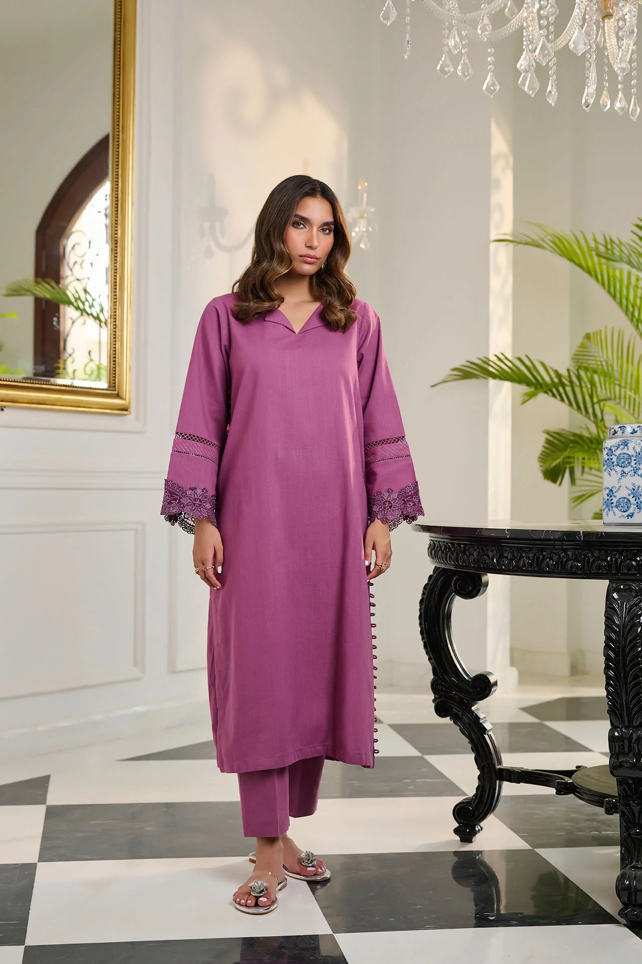 DC-2253 PURPLE 2PCS EMBROIDERED KURTA WITH TROUSER