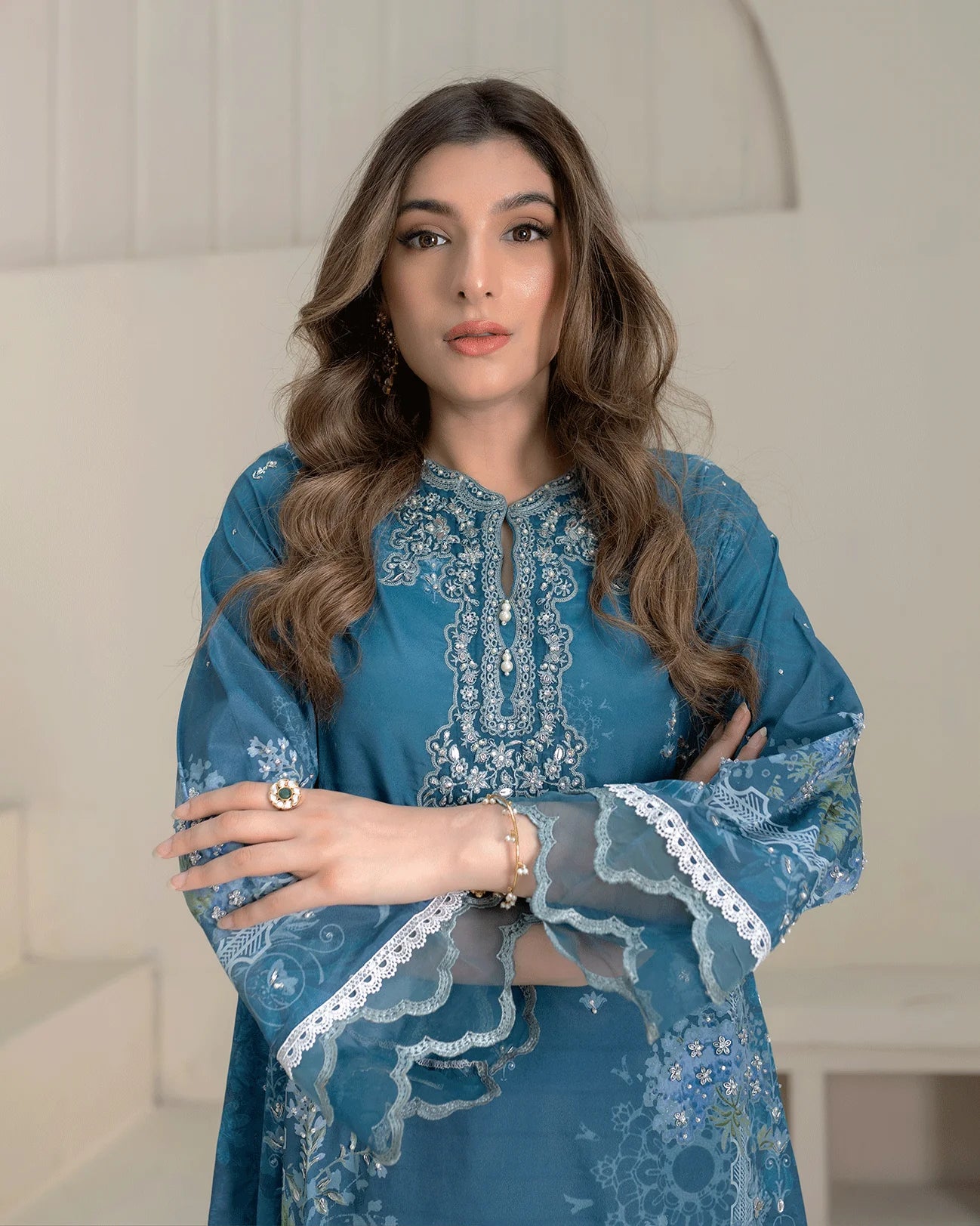 DC-2273 TURQUOISE BLUE 2PCS HAND EMBELLISHED SHIRT WITH TROUSER