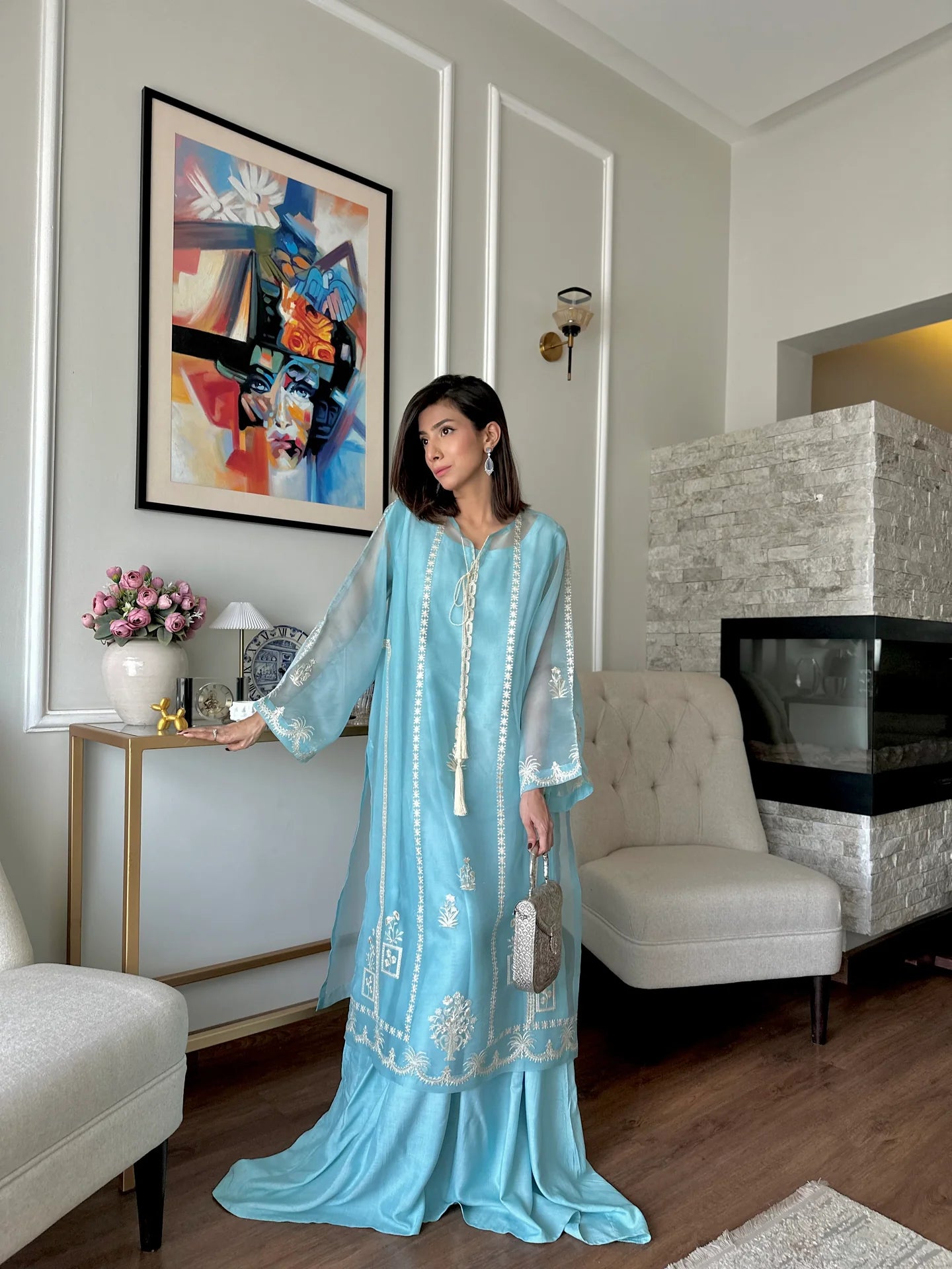 TEAL WHISPER FESTIVE EMBROIDERED SUIT