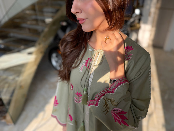 OLEANDER - SAGE GREEN EMBROIDERED KURTA