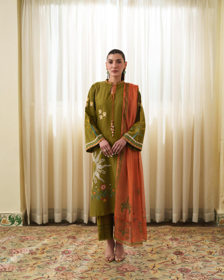 MALINA MUSTARD GREEN LUXURY EMBROIDERED LAWN SET