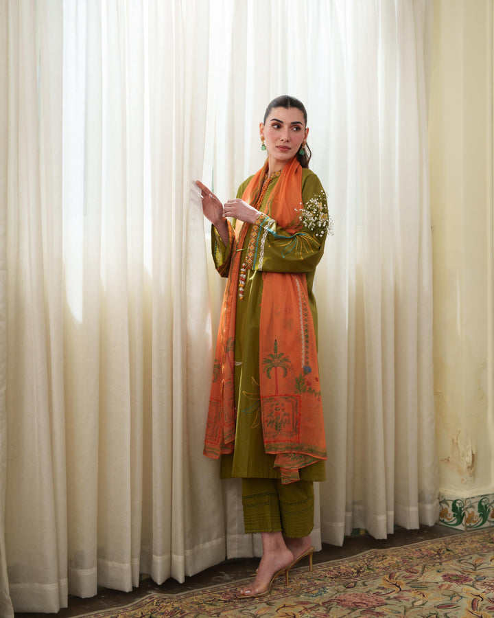 MALINA MUSTARD GREEN LUXURY EMBROIDERED LAWN SET