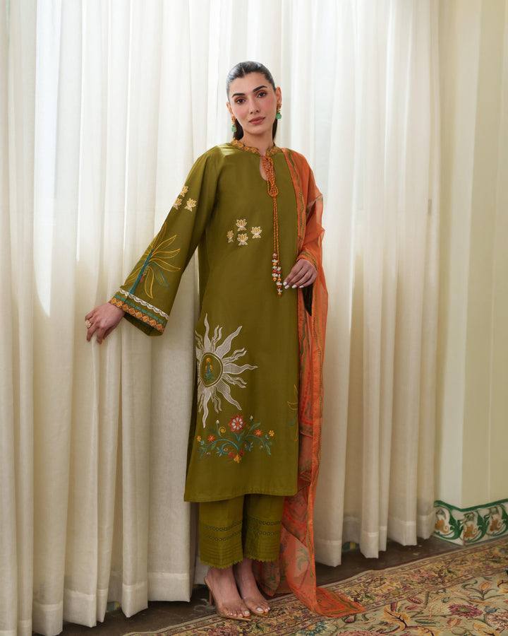 MALINA MUSTARD GREEN LUXURY EMBROIDERED LAWN SET