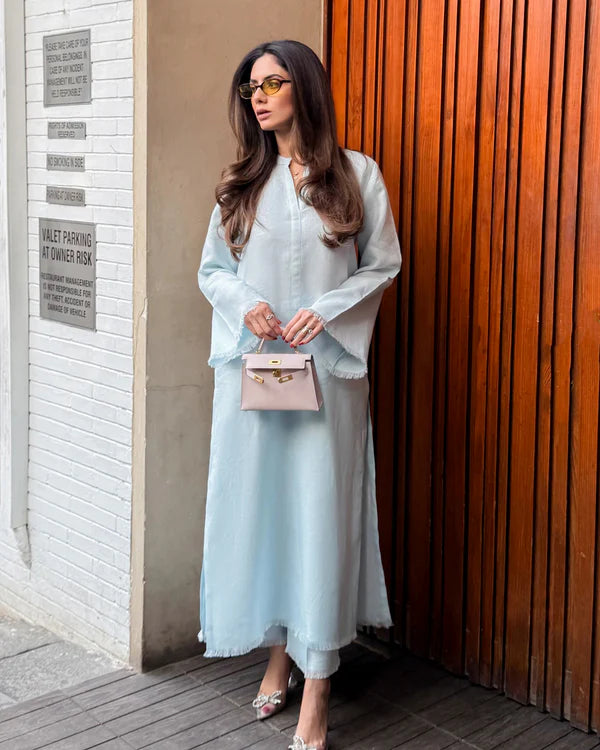 BABY BLUE LINEN FRINGE SET