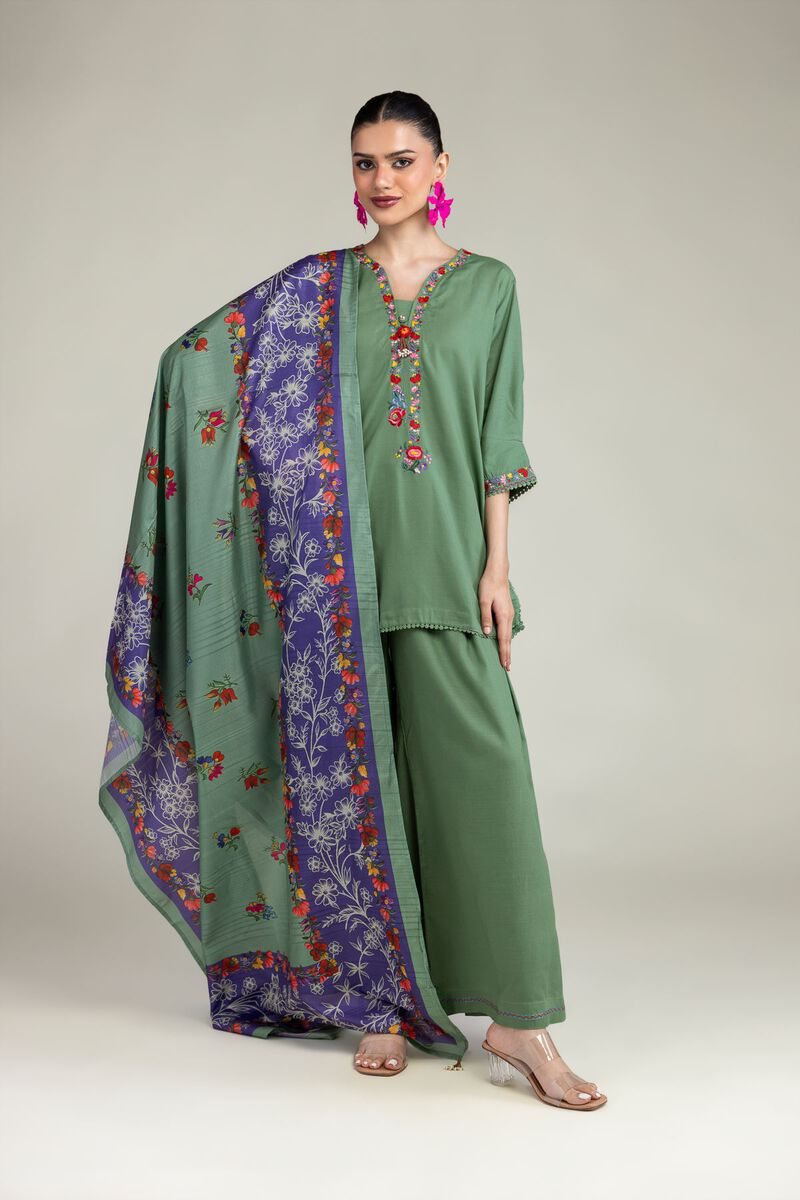 GREEN FLORAL EMBROIDERED RAW SILK SUIT
