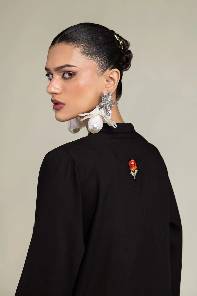 BLACK FLORAL EMBROIDERED RAW SILK SUIT