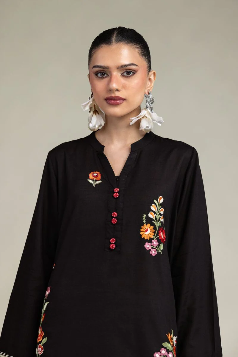 BLACK FLORAL EMBROIDERED RAW SILK SUIT