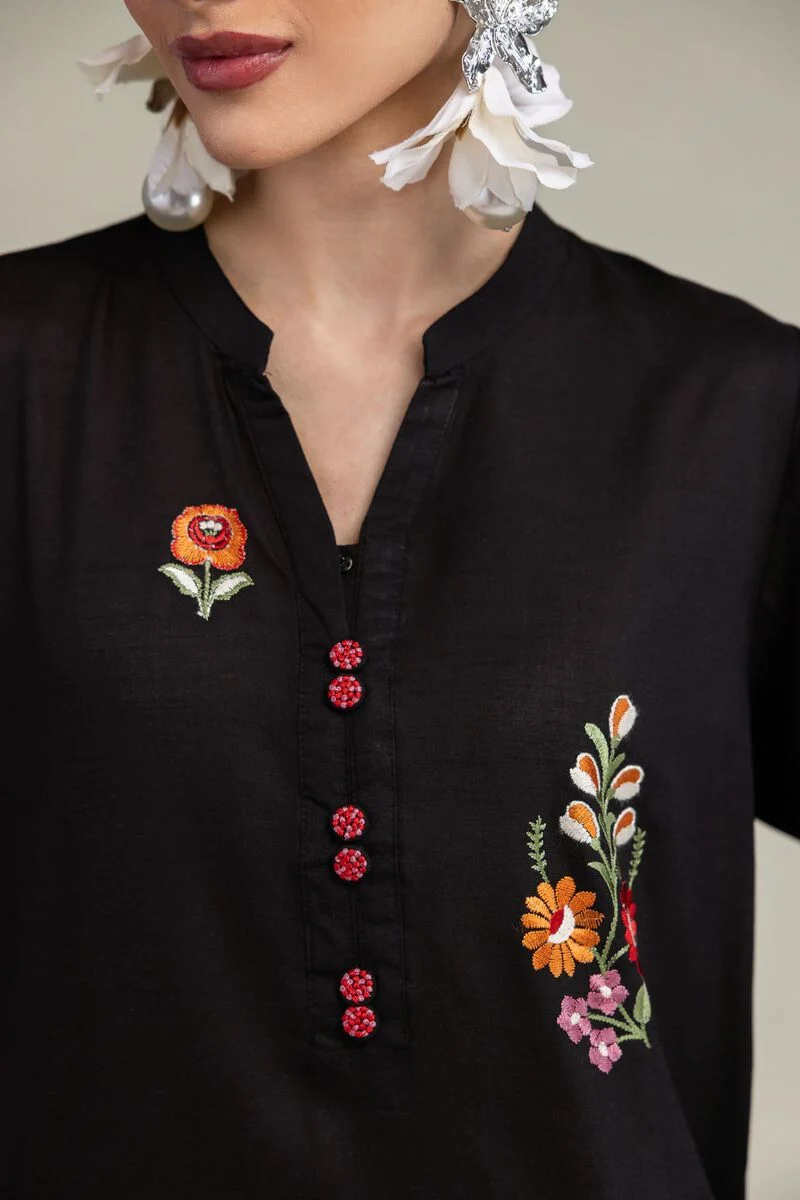 BLACK FLORAL EMBROIDERED RAW SILK SUIT