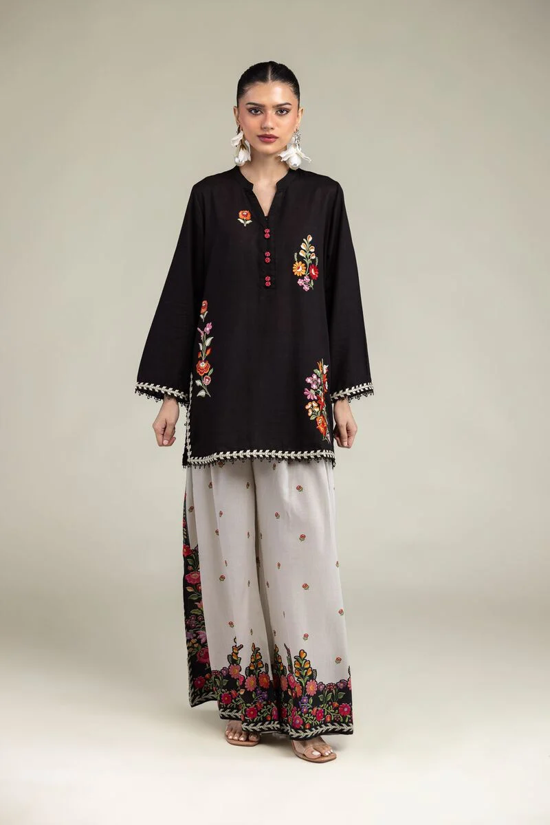 BLACK FLORAL EMBROIDERED RAW SILK SUIT