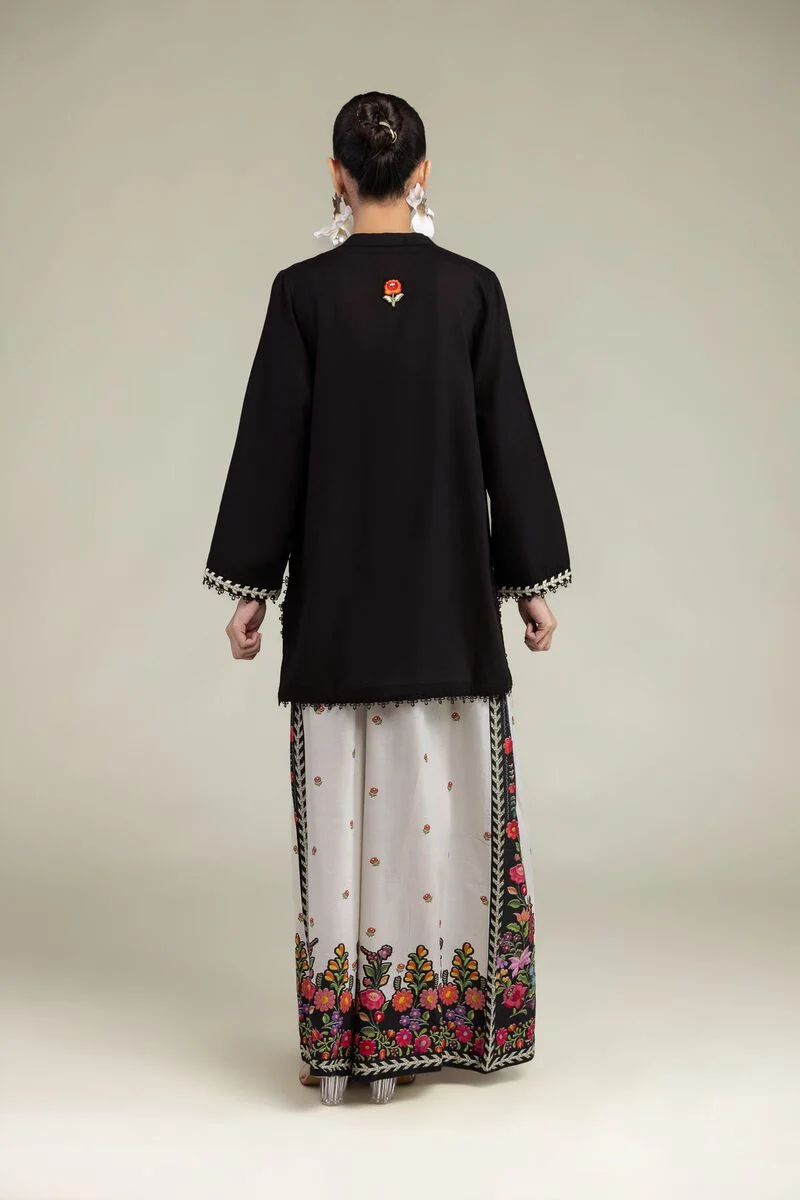 BLACK FLORAL EMBROIDERED RAW SILK SUIT