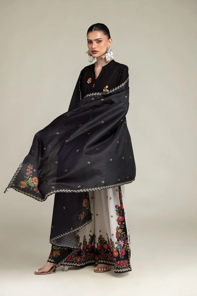 BLACK FLORAL EMBROIDERED RAW SILK SUIT