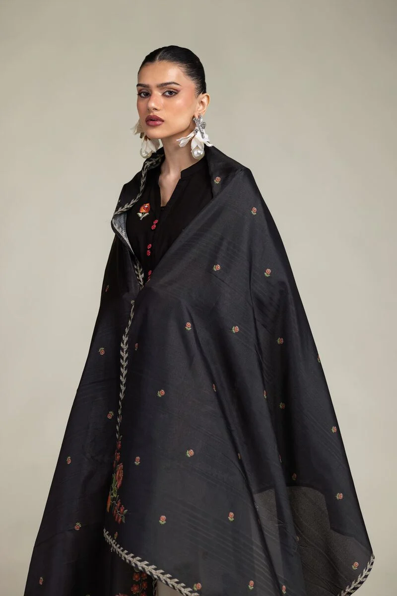 BLACK FLORAL EMBROIDERED RAW SILK SUIT