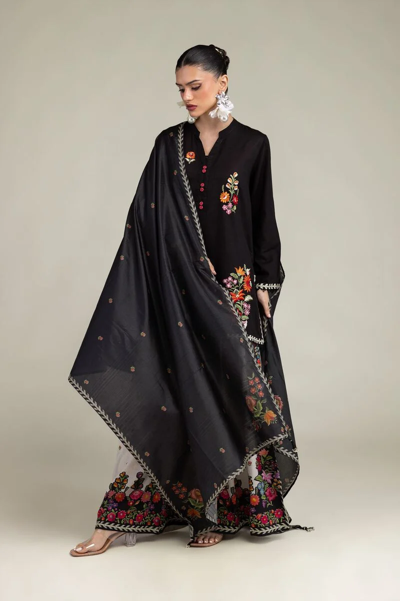BLACK FLORAL EMBROIDERED RAW SILK SUIT