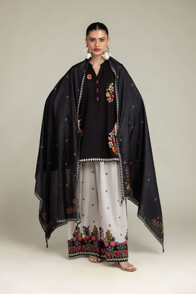 BLACK FLORAL EMBROIDERED RAW SILK SUIT