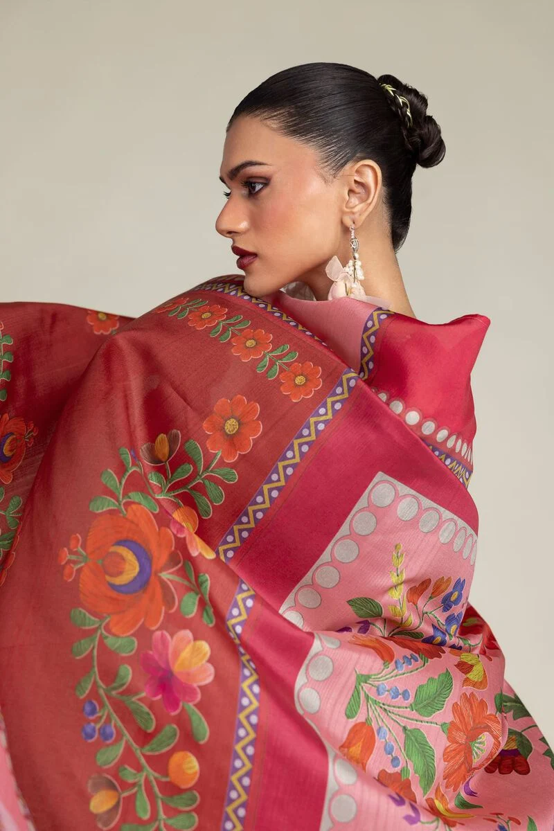 RED FLORAL EMBROIDERED POLYESTER SILK SUIT