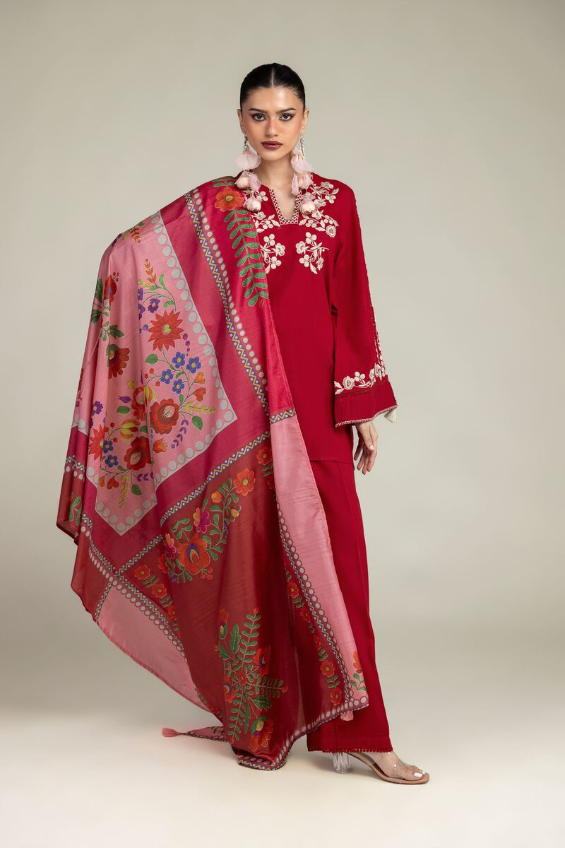 RED FLORAL EMBROIDERED POLYESTER SILK SUIT