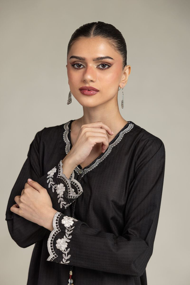BLACK V NECK FKORAL KURTA AND PANTS (1-26-225-A-J1)