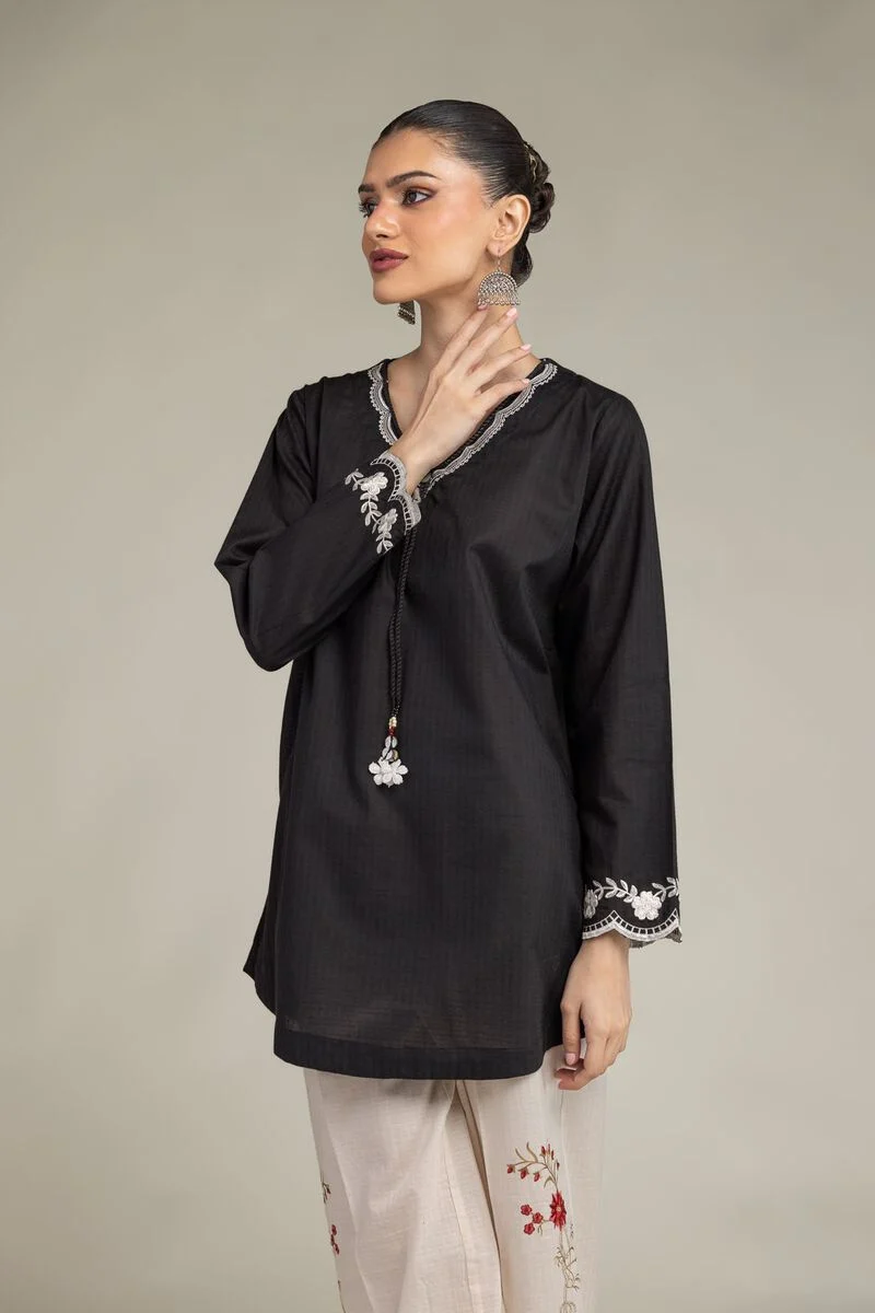BLACK V NECK FKORAL KURTA AND PANTS (1-26-225-A-J1)