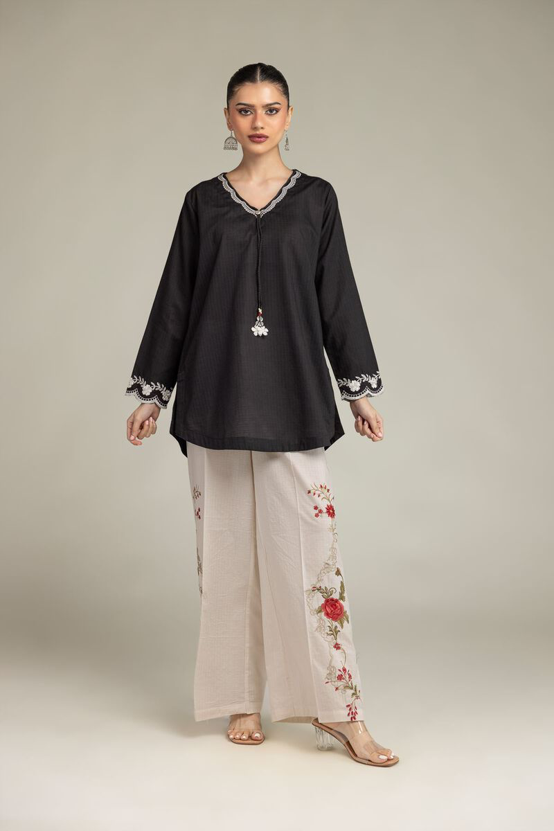 BLACK V NECK FKORAL KURTA AND PANTS (1-26-225-A-J1)