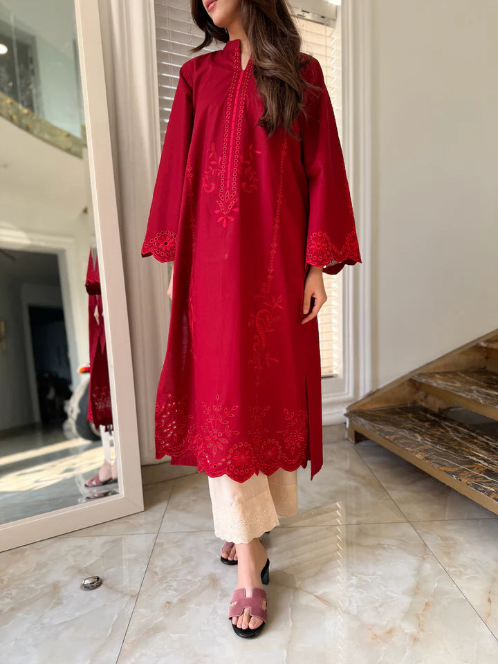RED PETUNIA MAROON SCHIFFLI CO-ORD SET