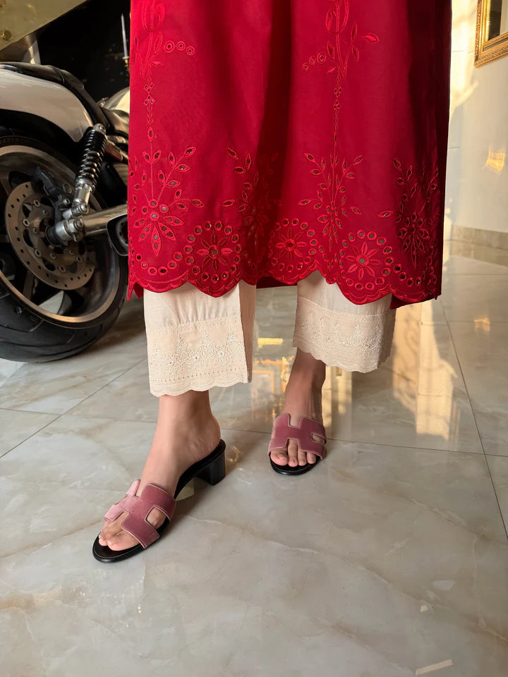 RED PETUNIA MAROON SCHIFFLI CO-ORD SET
