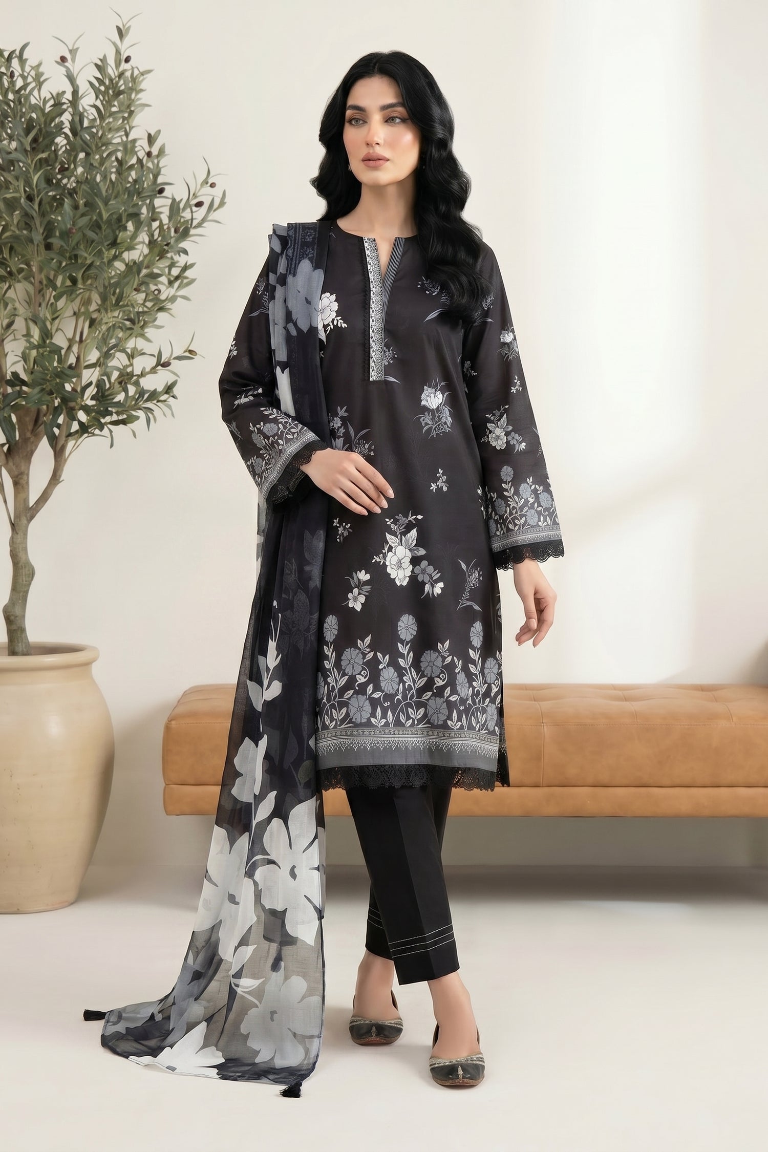 LAKHANY 03 PIECE STITCHED MONOCHROME PRINTED LAWN