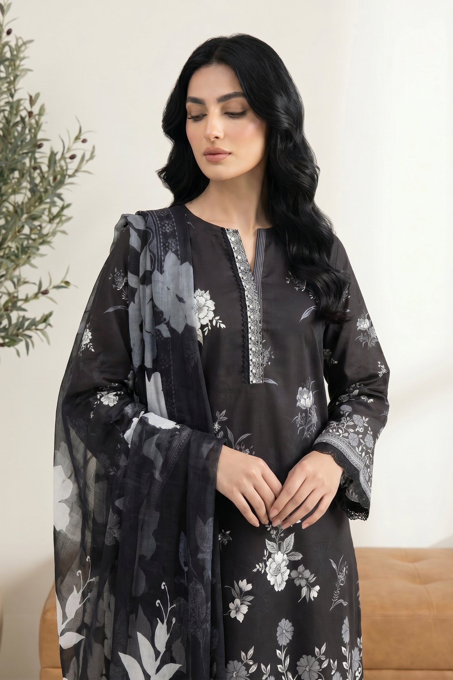 LAKHANY 03 PIECE STITCHED MONOCHROME PRINTED LAWN