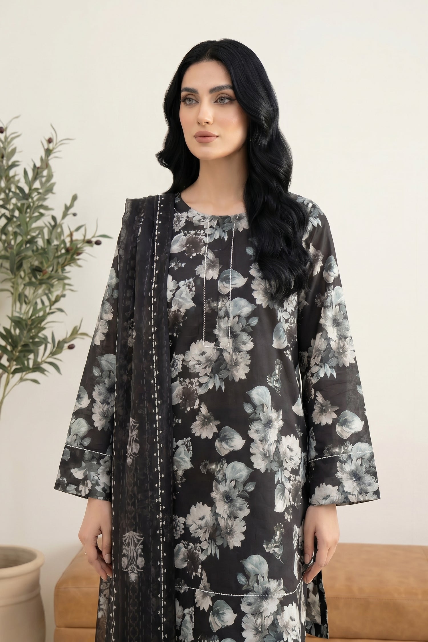 LAKHANY 03 PIECE STITCHED MONOCHROME PRINTED LAWN
