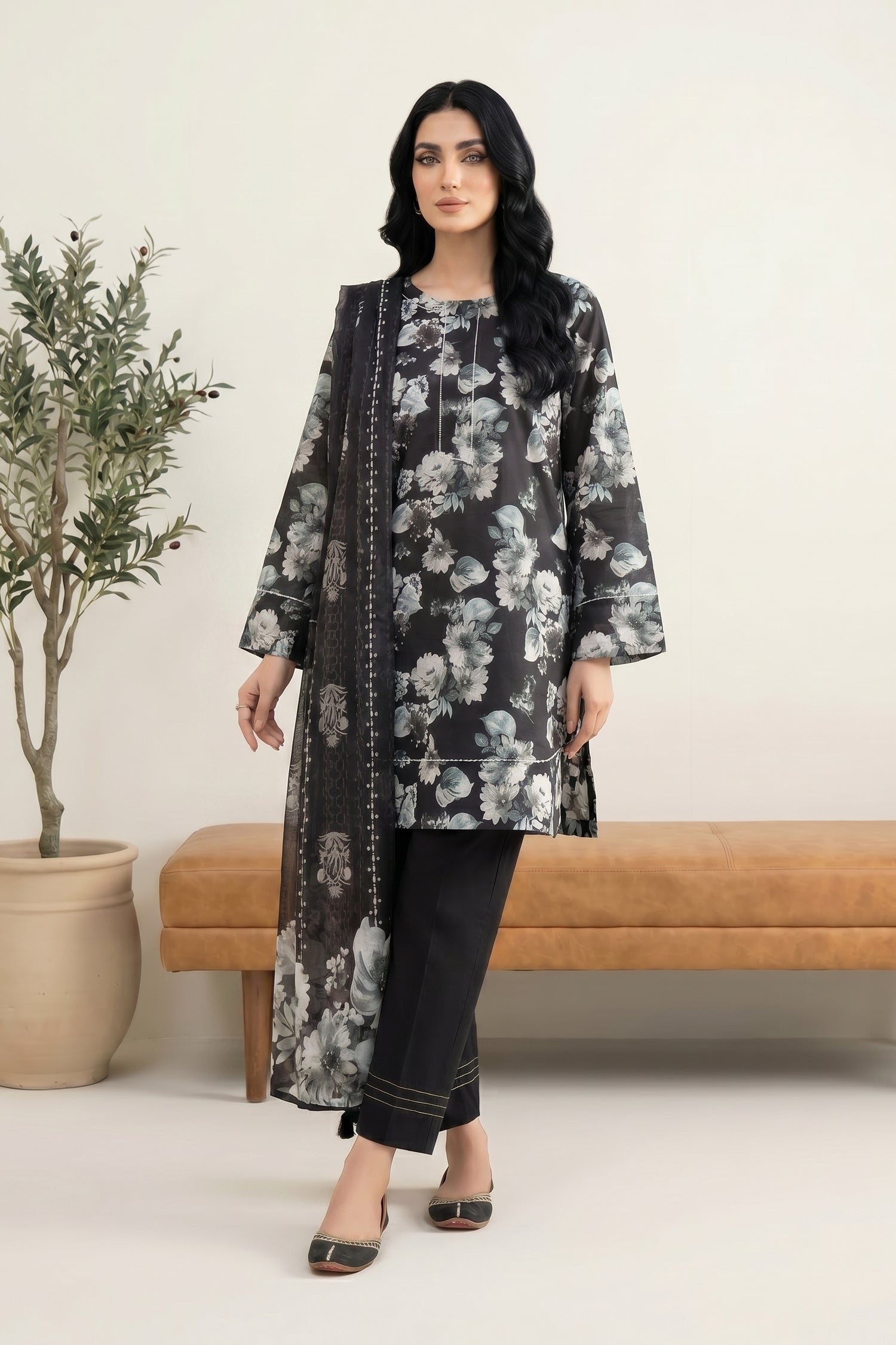 LAKHANY 03 PIECE STITCHED MONOCHROME PRINTED LAWN