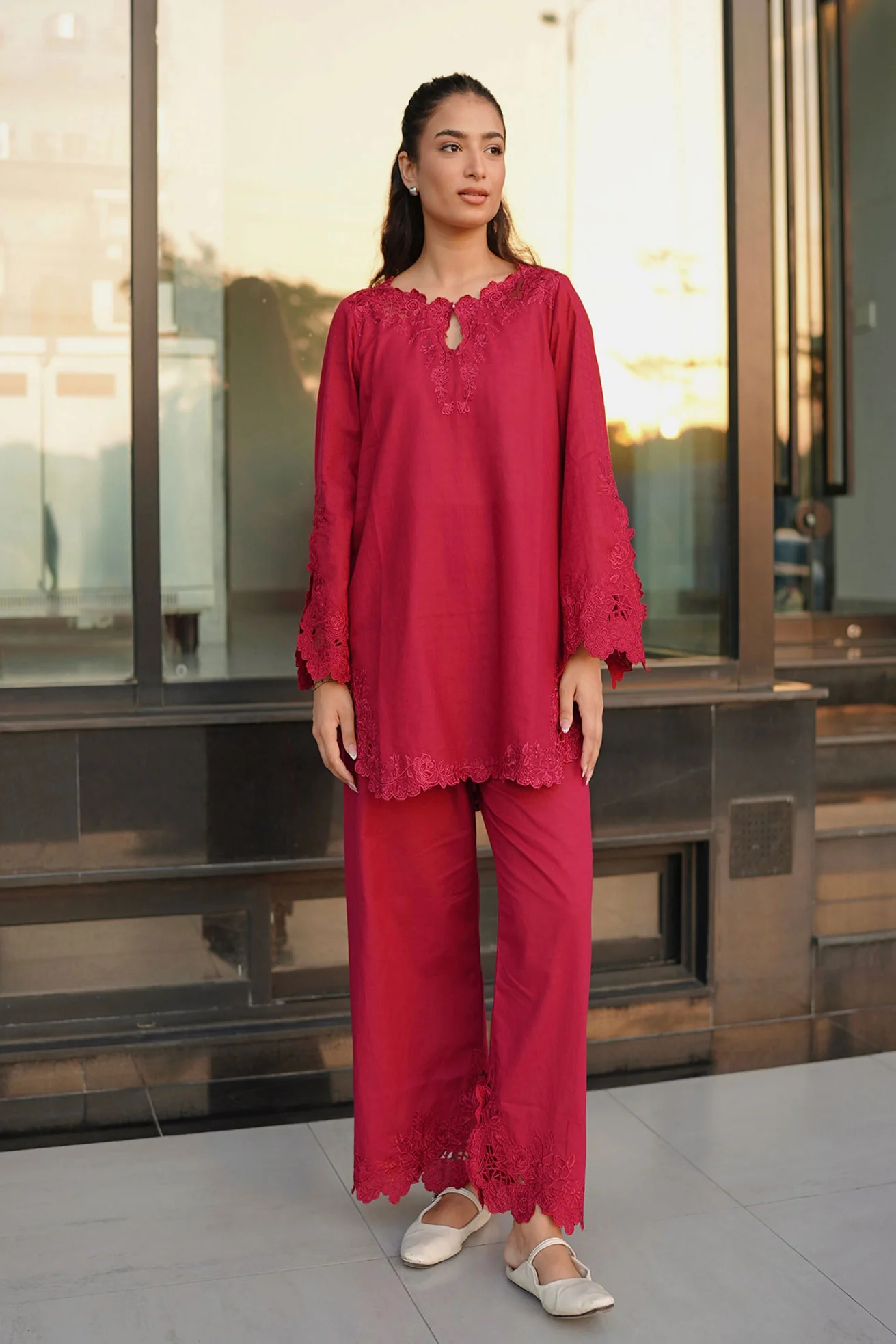 DHANAK SS26DC-2588 - MAROON - COTTON JACQUARD - 2PCS - EMBROIDERED KURTA WITH TROUSER