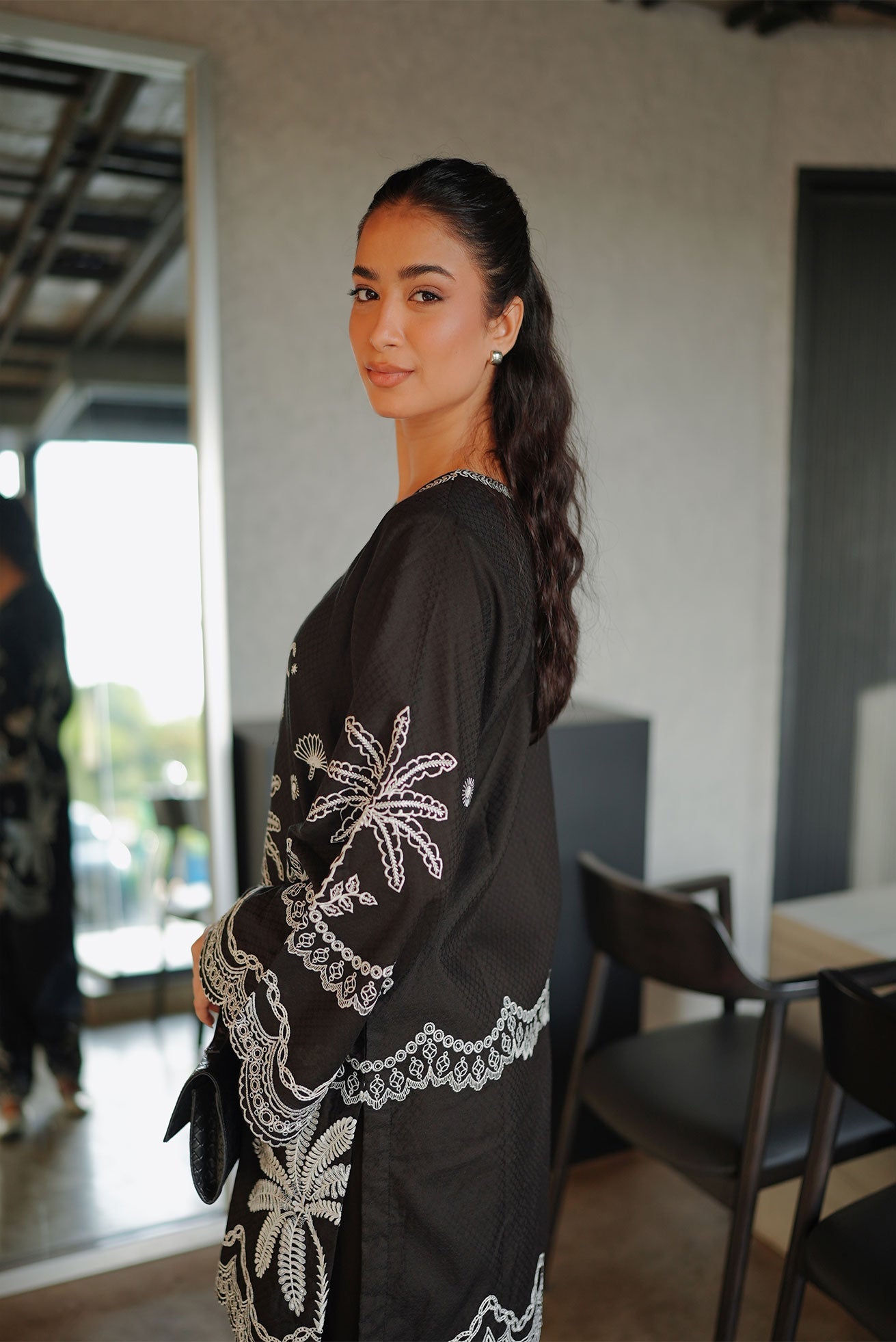 DHANAK SS26DC-2590 - BLACK - COTTON JACQUARD - 2PCS - EMBROIDERED KURTA WITH TROUSER