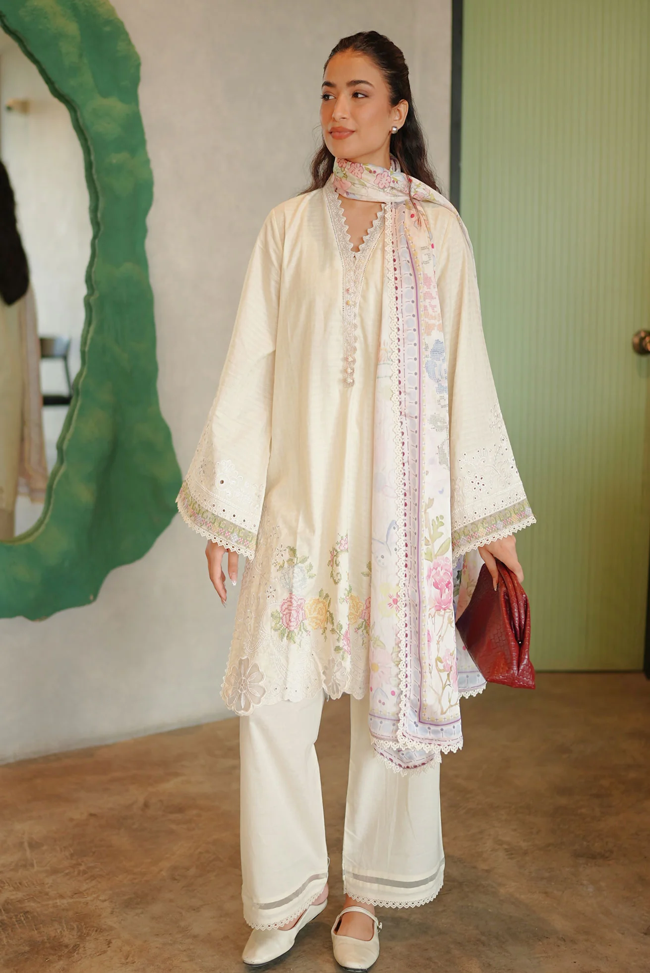 DHANAK SS26DC-2587 - OFF WHITE - COTTON JACQUARD - 2PCS - EMBROIDERED KURTA WITH TROUSER