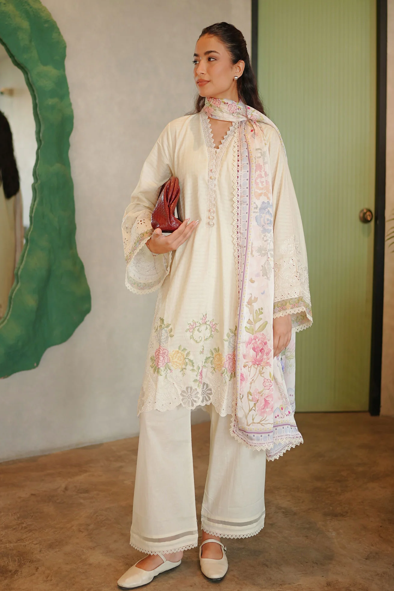 DHANAK SS26DC-2587 - OFF WHITE - COTTON JACQUARD - 2PCS - EMBROIDERED KURTA WITH TROUSER