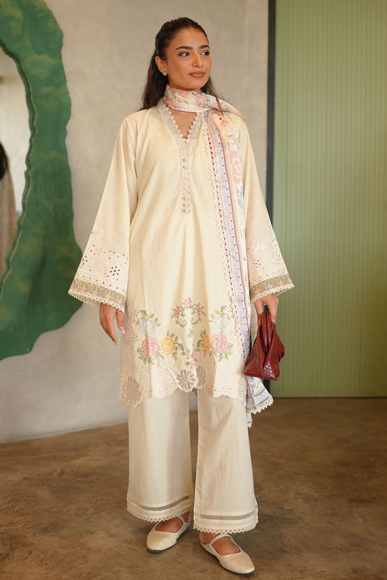 DHANAK SS26DC-2587 - OFF WHITE - COTTON JACQUARD - 2PCS - EMBROIDERED KURTA WITH TROUSER