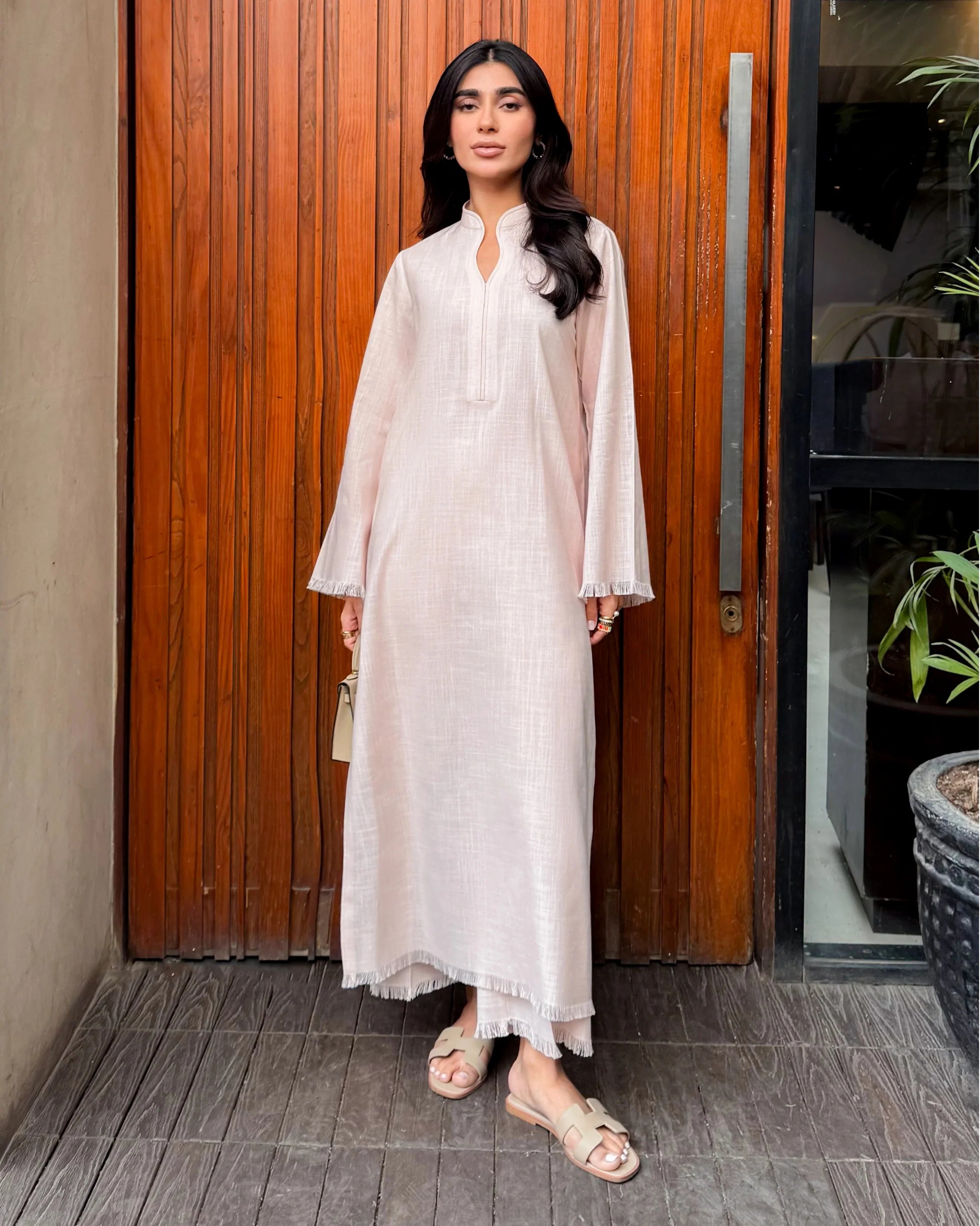 LIGHT PINK LINEN FRINGE SET