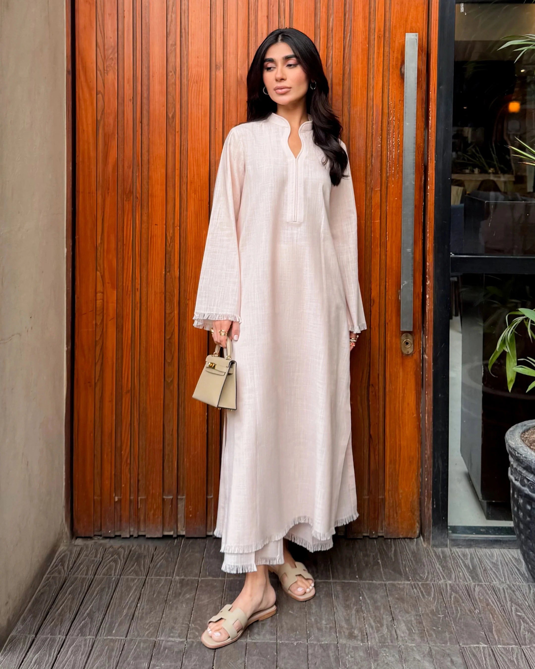 LIGHT PINK LINEN FRINGE SET